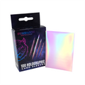 Box of Prismatic Defender holographic card sleeves with a sample sleeve displayed.
