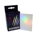 Box of Prismatic Defender holographic card sleeves with a sample sleeve displayed.
