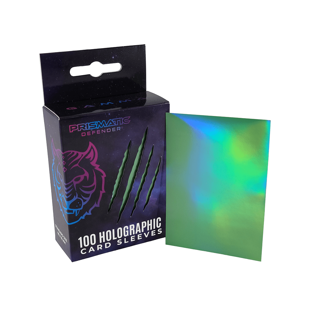 Box of Prismatic Defender holographic card sleeves with a sample sleeve displayed.
