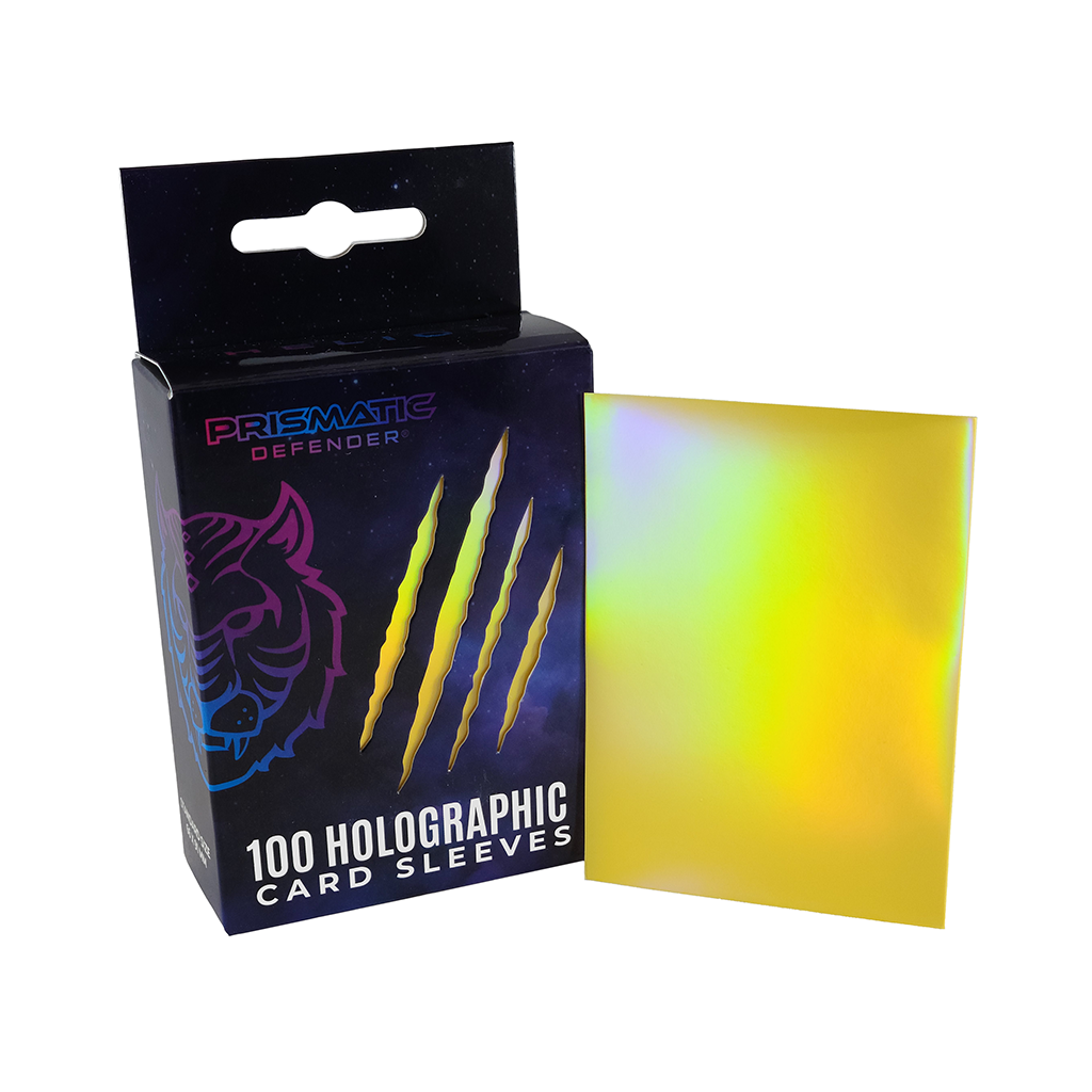 Box of Prismatic Defender holographic card sleeves with a sample sleeve displayed.
