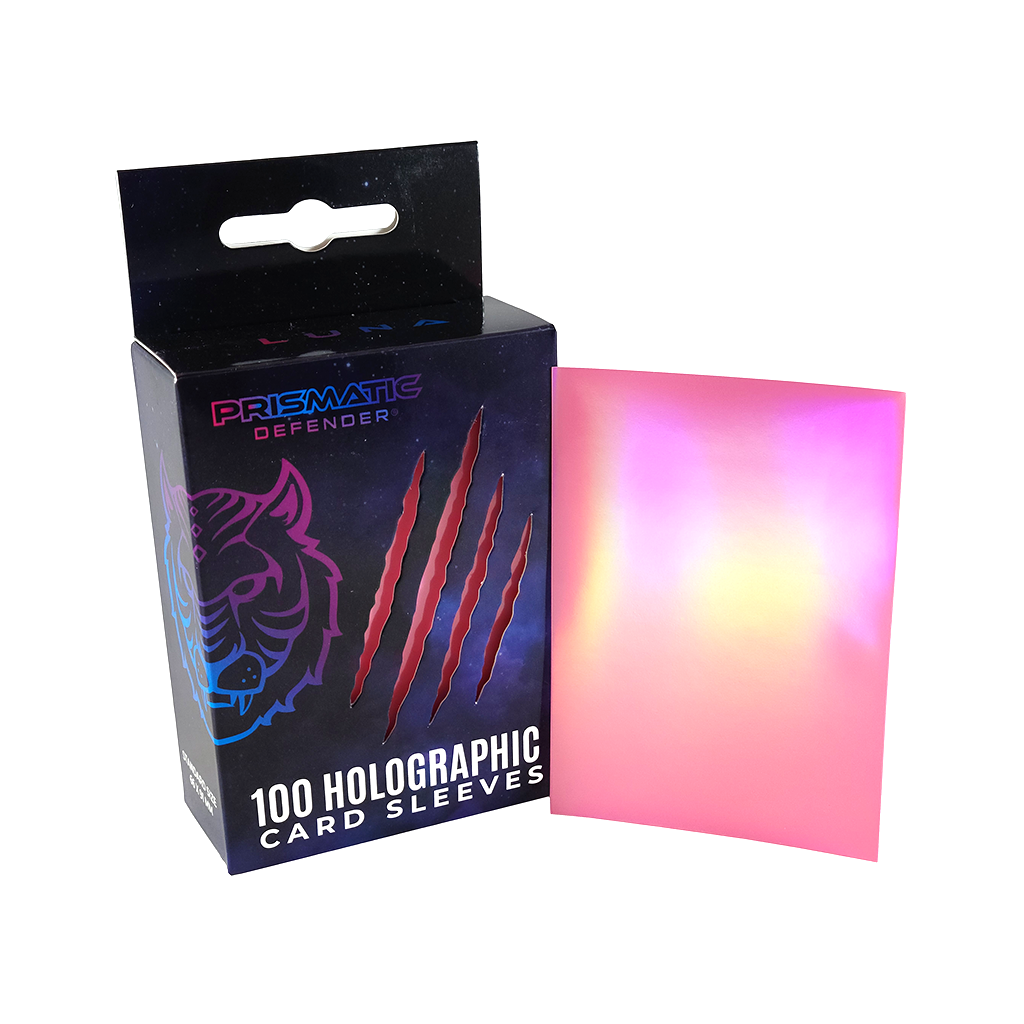 Box of Prismatic Defender holographic card sleeves with a sample sleeve displayed.
