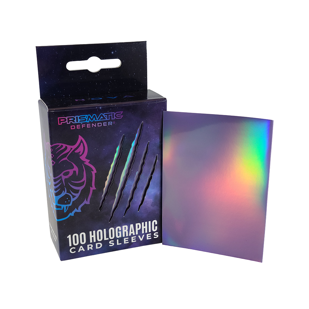 Box of Prismatic Defender holographic card sleeves with a sample sleeve displayed.
