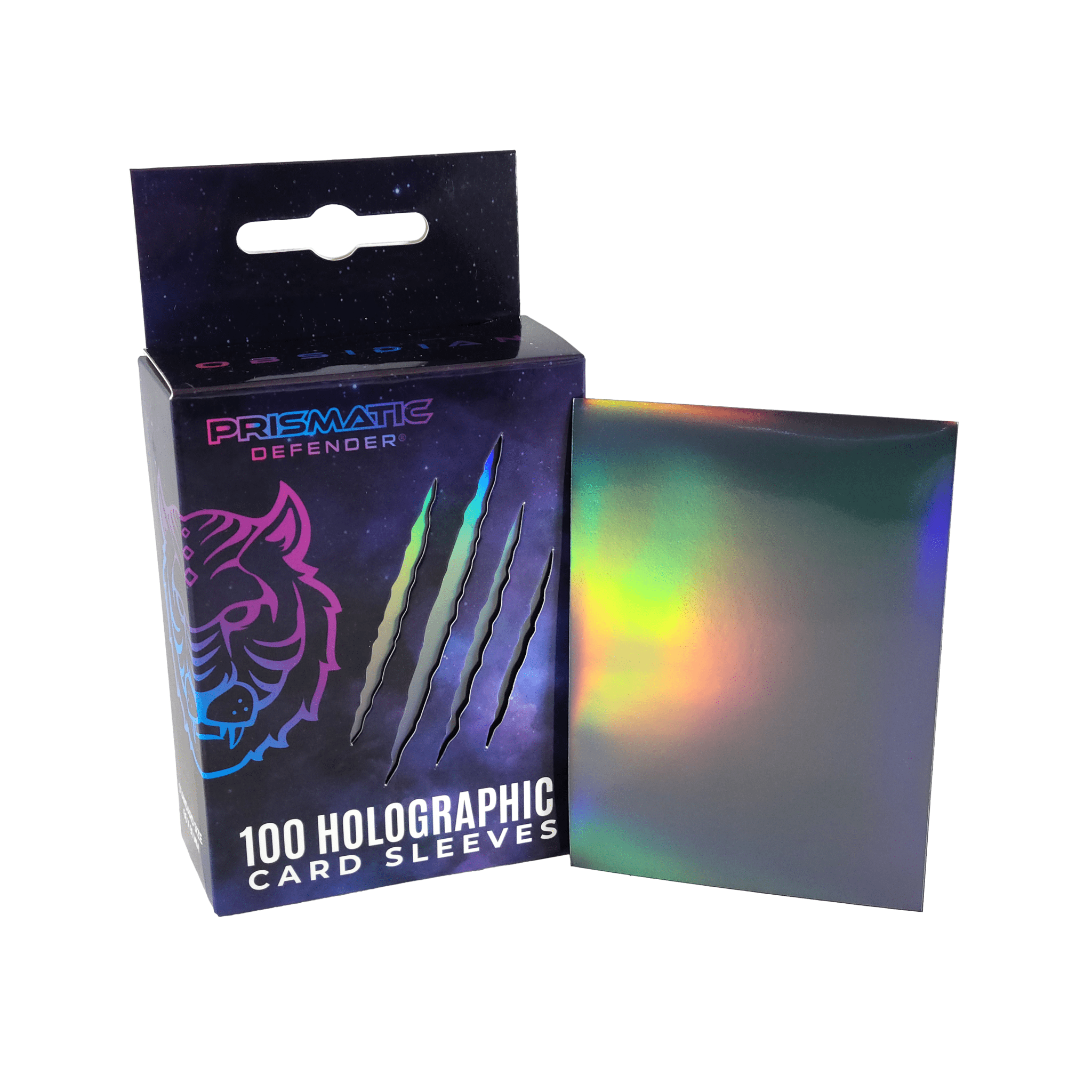 Box of Prismatic Defender holographic card sleeves with a sample sleeve displayed.
