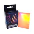 Box of Prismatic Defender holographic card sleeves with a sample sleeve displayed.
