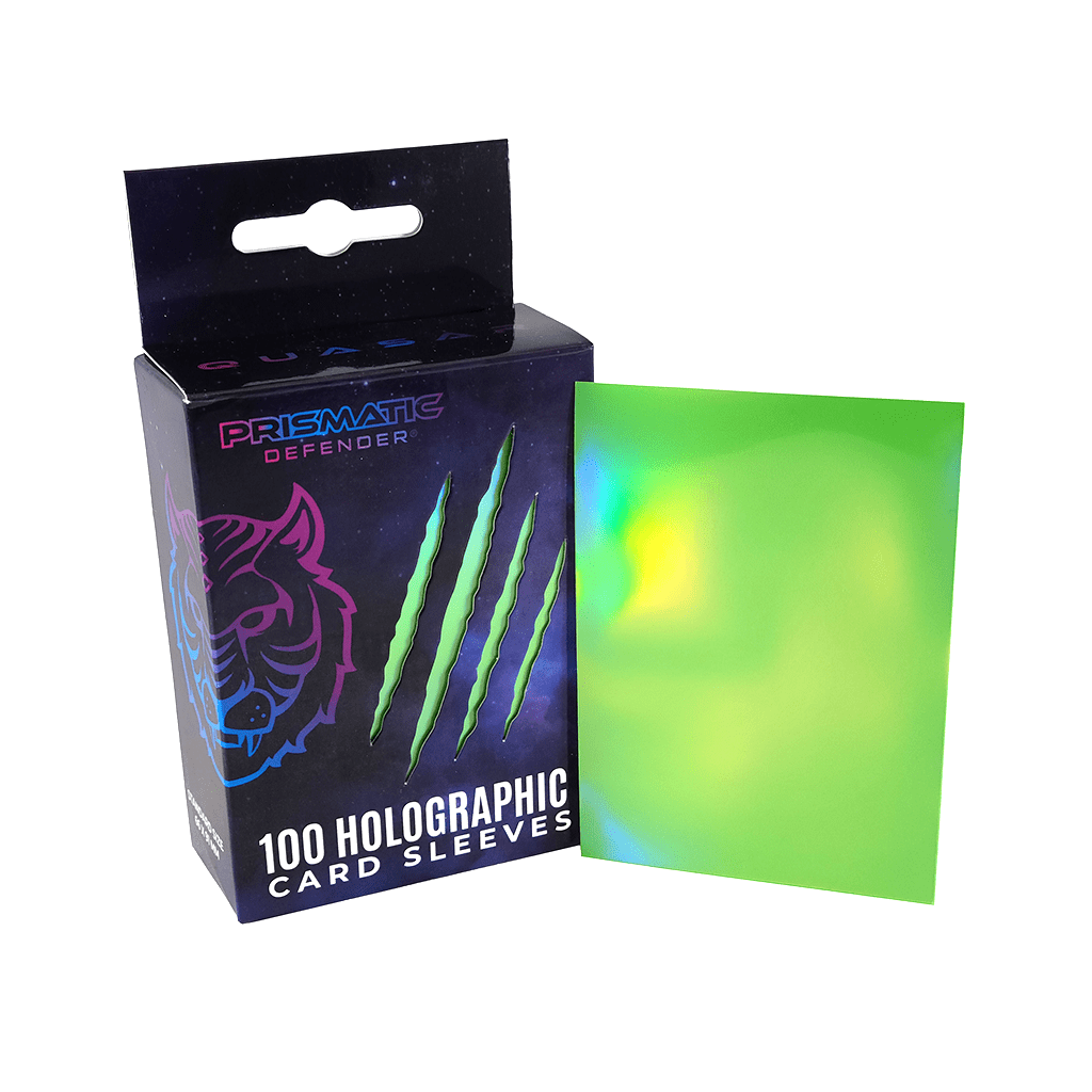 Box of Prismatic Defender holographic card sleeves with a sample sleeve displayed.
