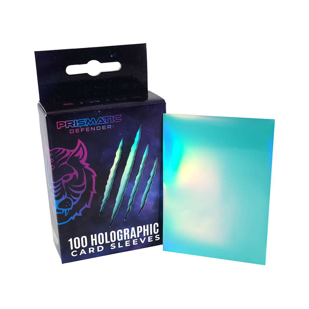 Box of Prismatic Defender holographic card sleeves with a sample sleeve displayed.
