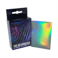 Box of Prismatic Defender holographic card sleeves with a sample sleeve displayed.