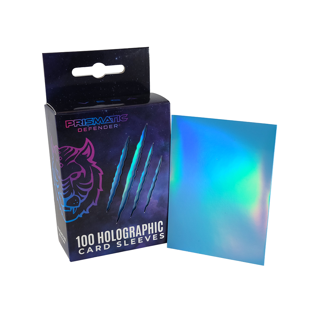 Box of Prismatic Defender holographic card sleeves with a sample sleeve displayed.
