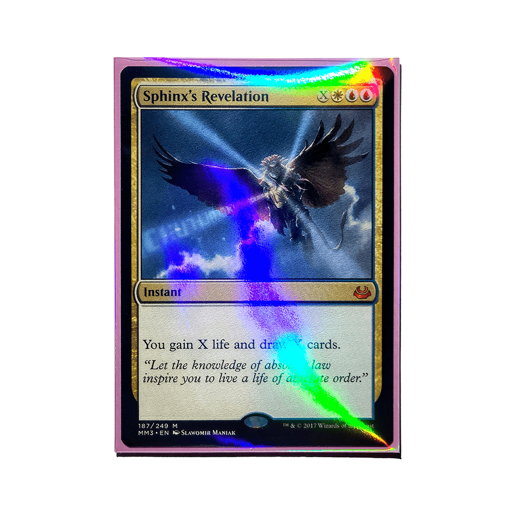 Trading card in a sleeve with holographic sheen on plain white background