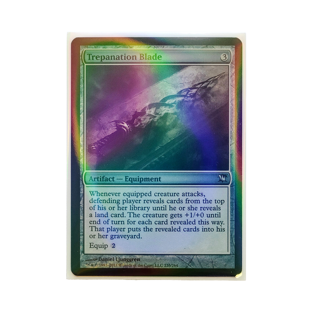 Trading card in a sleeve with holographic sheen on plain white background