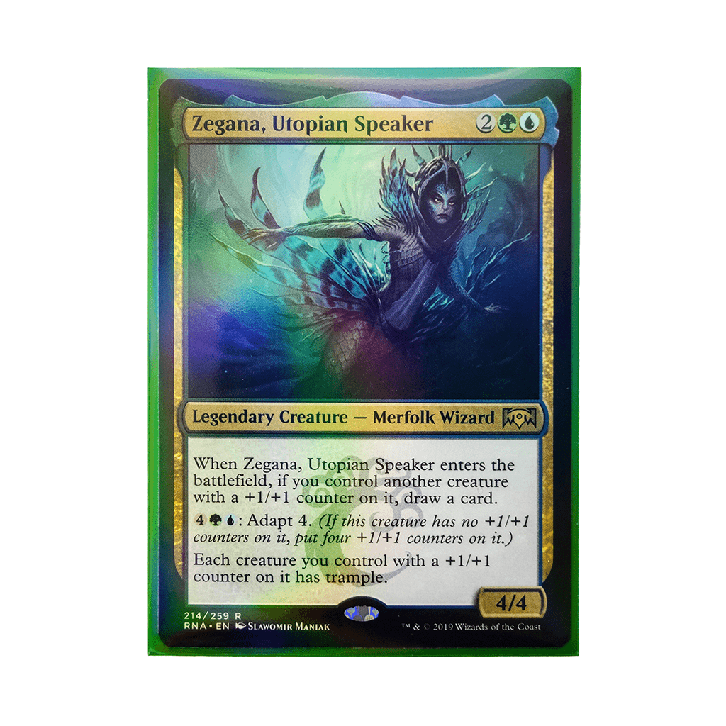 Trading card in a sleeve with holographic sheen on plain white background
