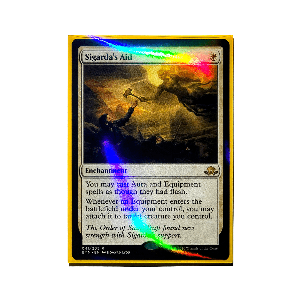 Trading card in a sleeve with holographic sheen on plain white background