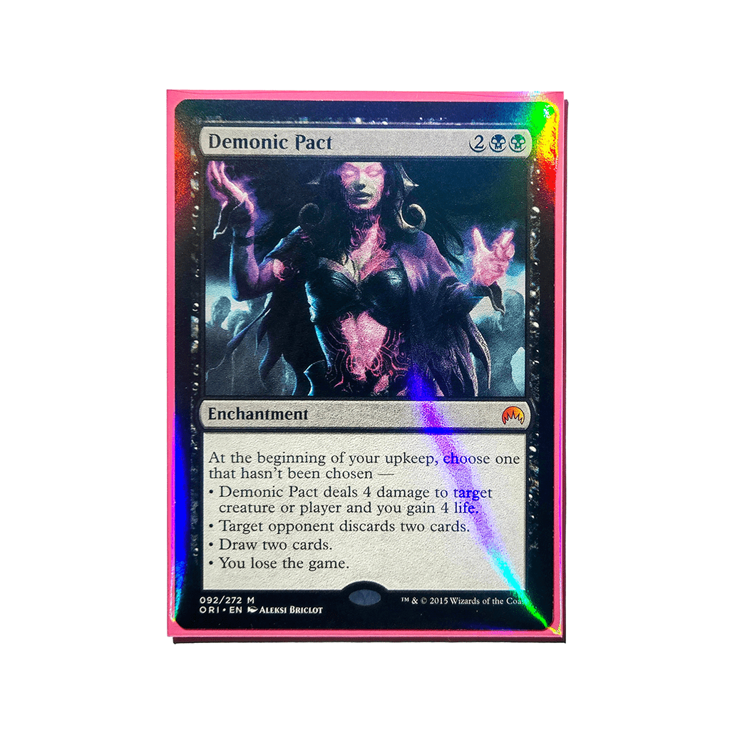 Trading card in a sleeve with holographic sheen on plain white background