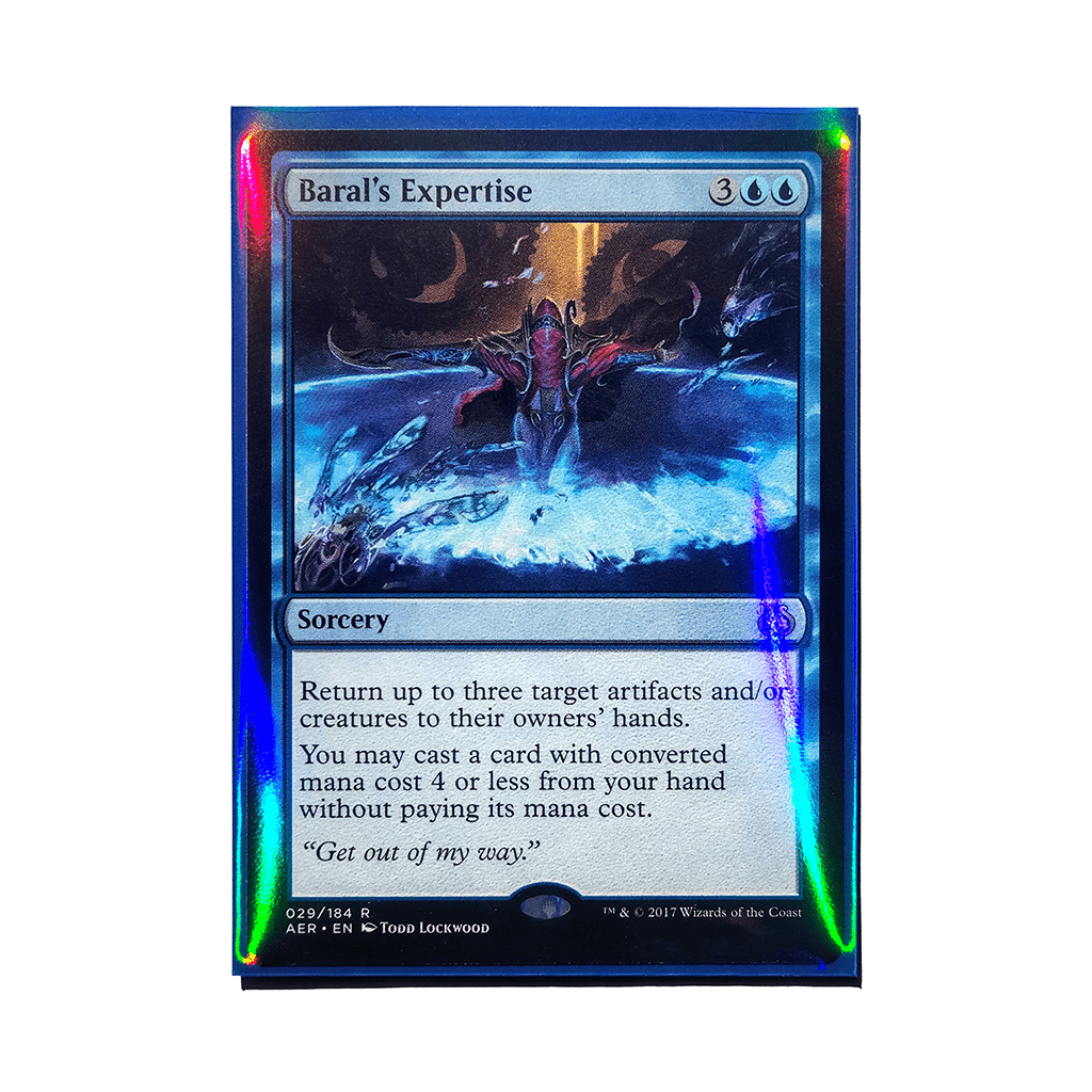 Trading card in a sleeve with holographic sheen on plain white background