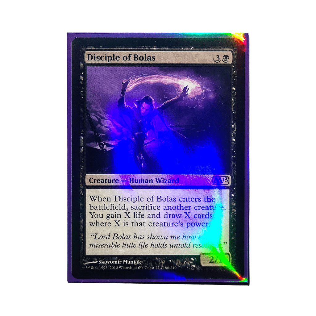 Trading card in a sleeve with holographic sheen on plain white background