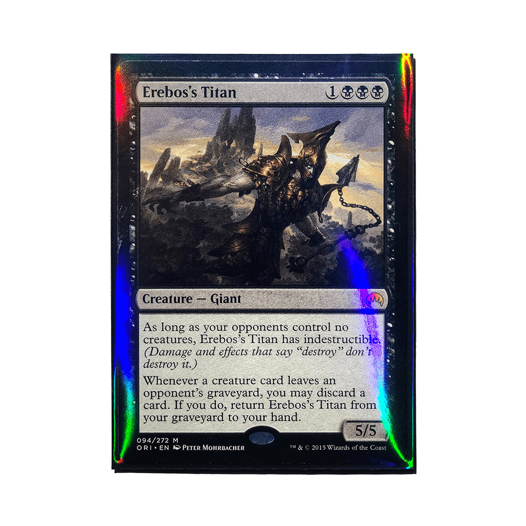 Trading card in a sleeve with holographic sheen on plain white background