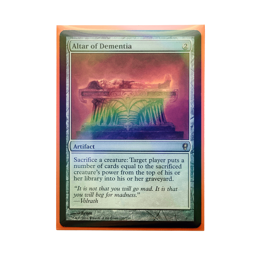 Trading card in a sleeve with holographic sheen on plain white background
