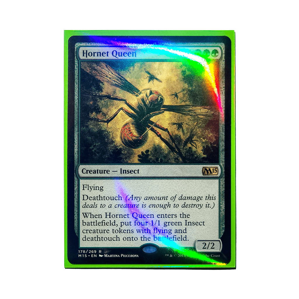 Trading card in a sleeve with holographic sheen on plain white background