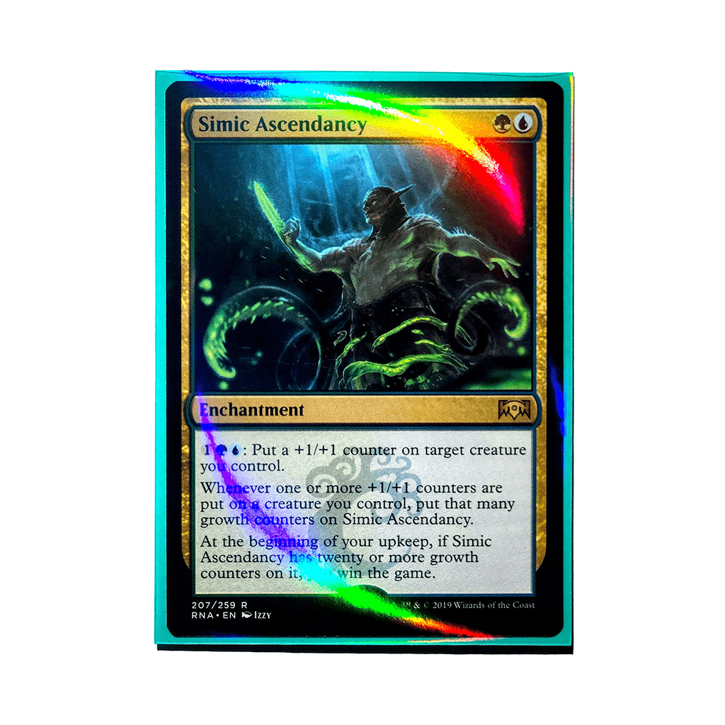 Trading card in a sleeve with holographic sheen on plain white background