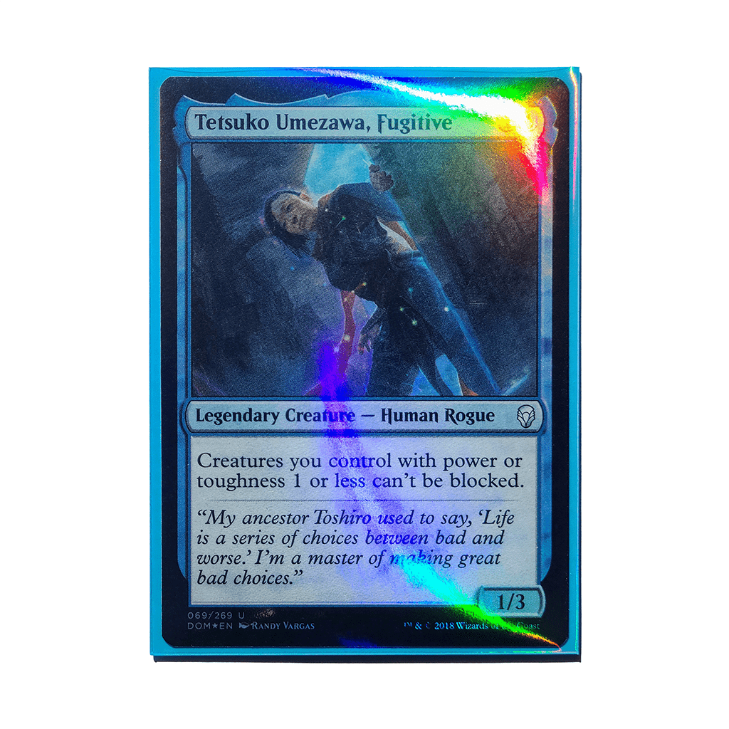 Trading card in a sleeve with holographic sheen on plain white background